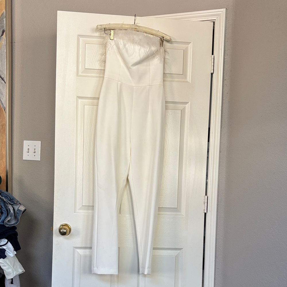 Gianni Bini White Strapless Jumpsuit with Feather Detail